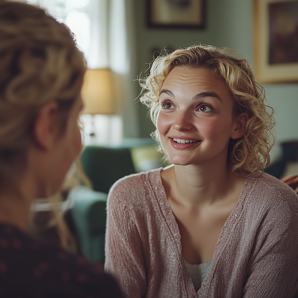 Una mujer feliz hablando con alguien | Fuente: Midjourney