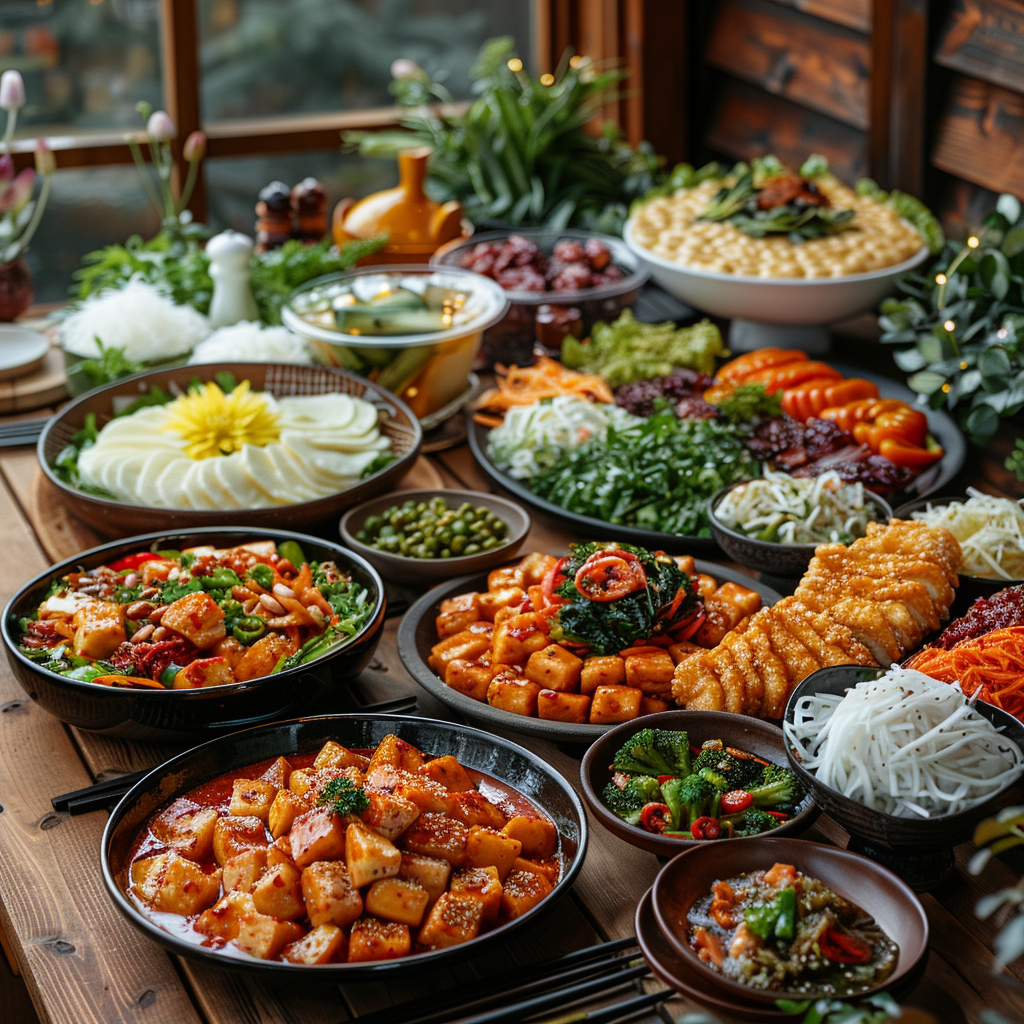 Mesa festiva con platos coreanos | Foto: Midjourney