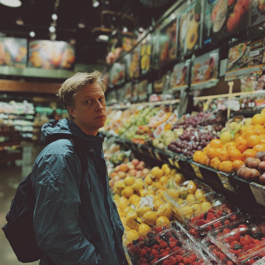 Un hombre molesto parado en una tienda | Fuente: Midjourney