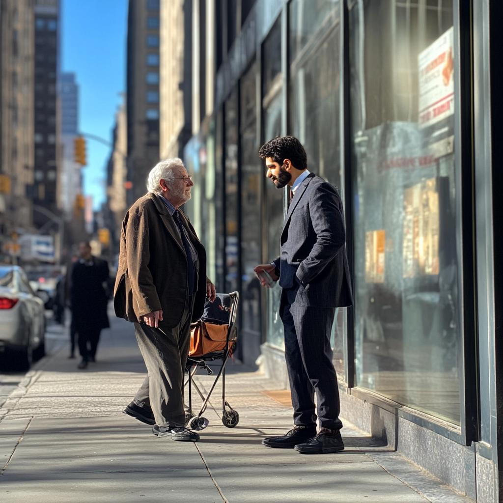 Dos hombres hablando en la calle | Fuente: Midjourney