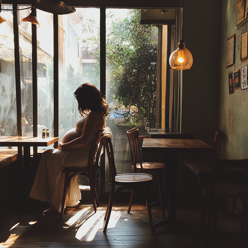 Una mujer embarazada sentada en un café antes de su caída | Fuente: Midjourney