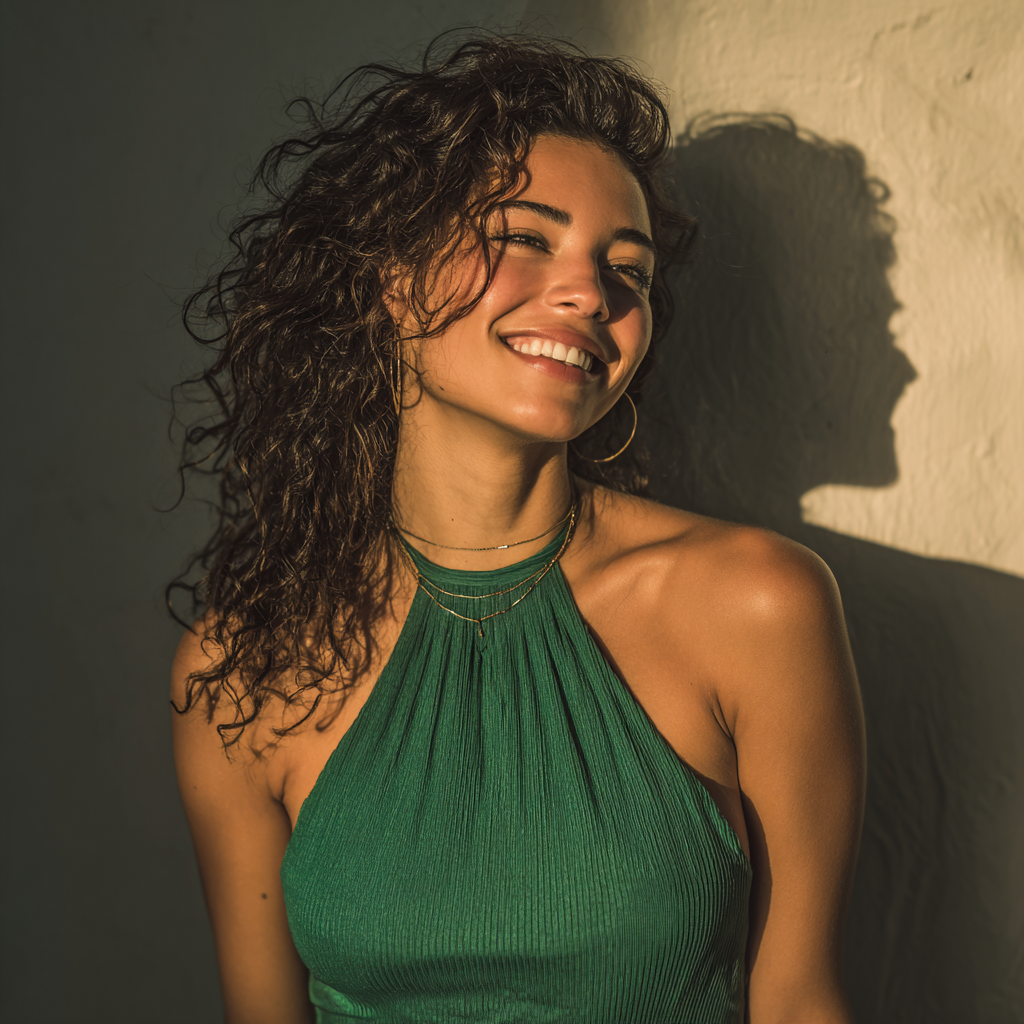 Una donna felice in abito verde | Fonte: Midjourney