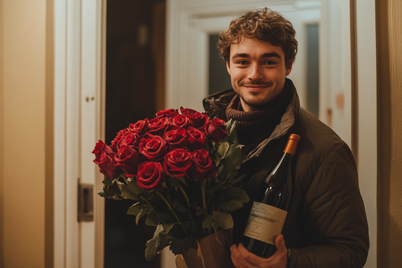 Hombre en la puerta, sosteniendo rosas y una botella de vino | Fuente: Midjourney