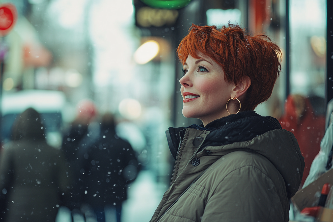 Mujer joven sonriendo en una calle nevada de día | Fuente: Midjourney