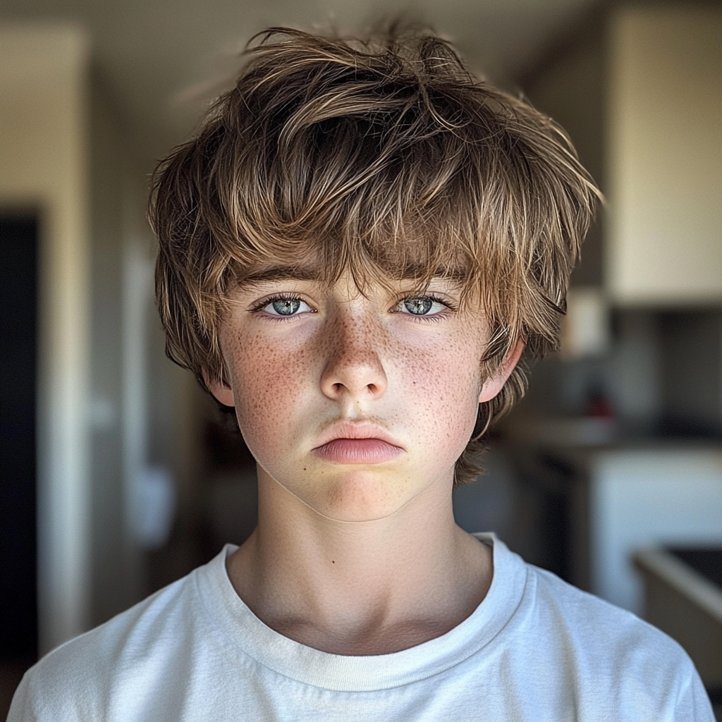 Un niño alterado de pie en una cocina | Fuente: Midjourney