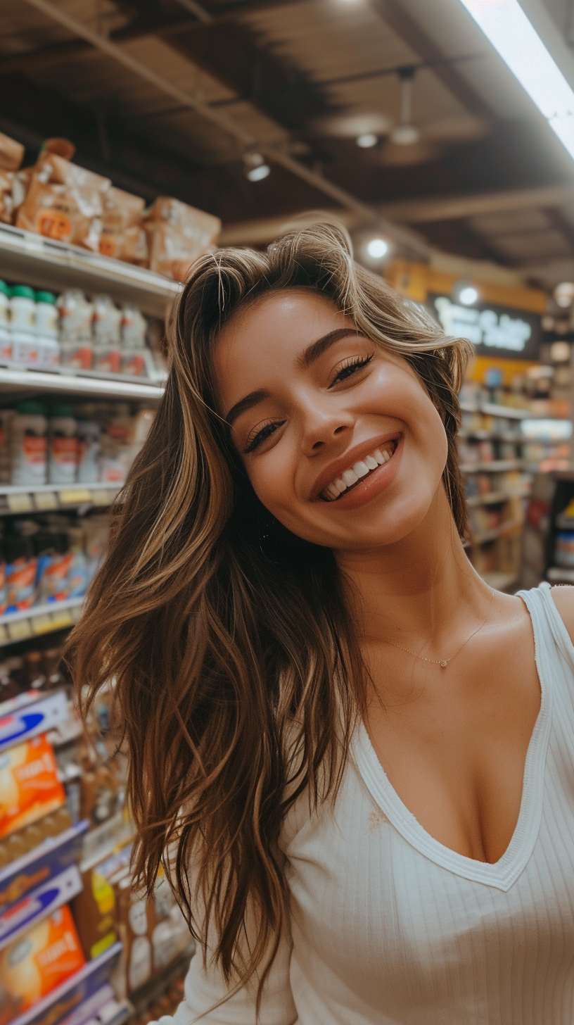 Una chica sonriente en una tienda de comestibles | Fuente: Midjourney