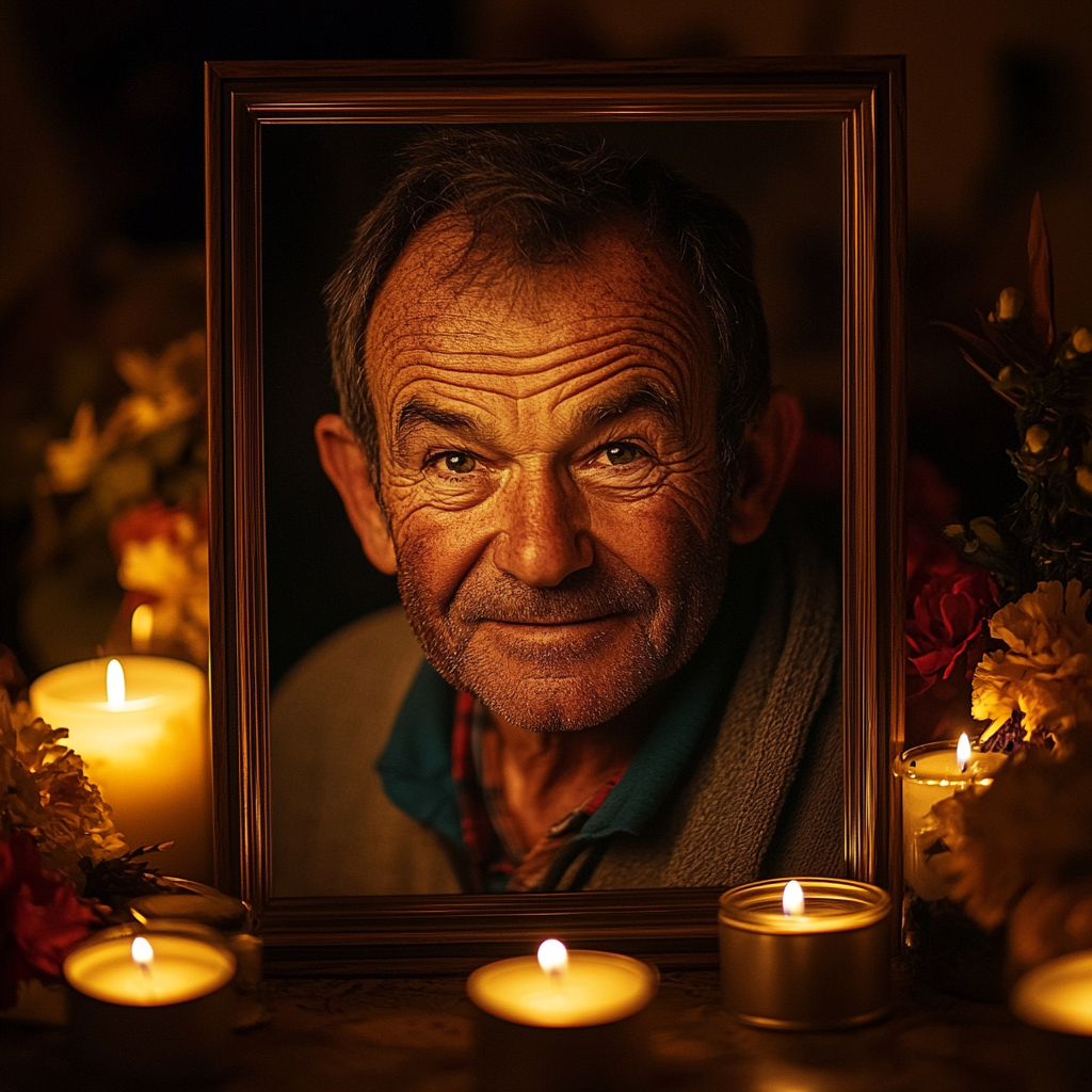 Una foto enmarcada de un hombre mayor adornada con velas perfumadas y flores | Fuente: Midjourney