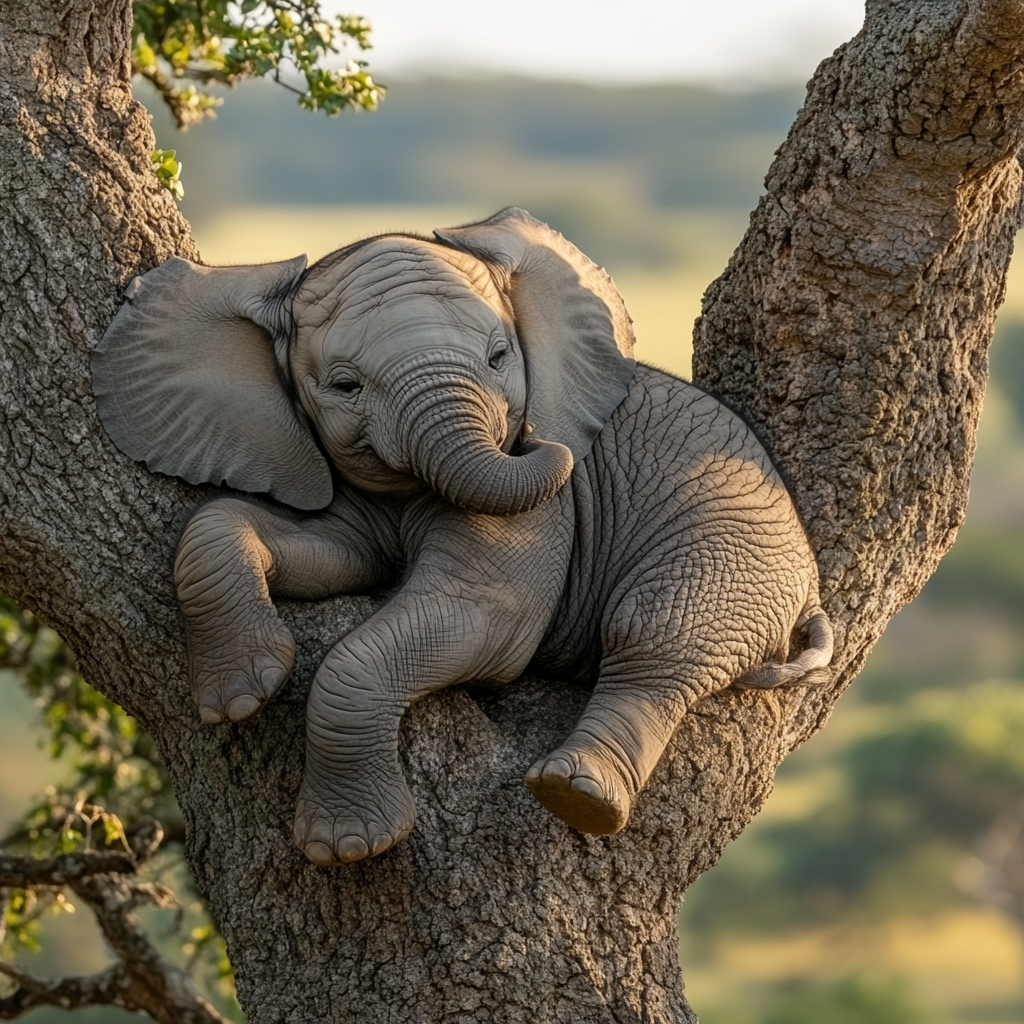 Un bebé elefante sentado en un árbol | Fuente: Midjourney