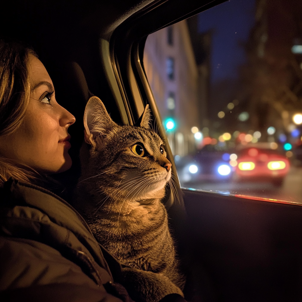 Una mujer y su gato en un Automóvil | Fuente: Midjourney