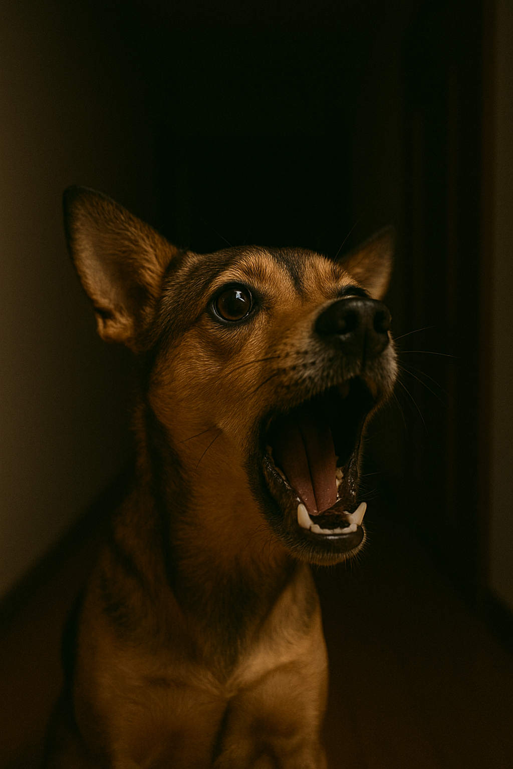 Un perro ladrando en un pasillo a oscuras | Fuente: DALL-E