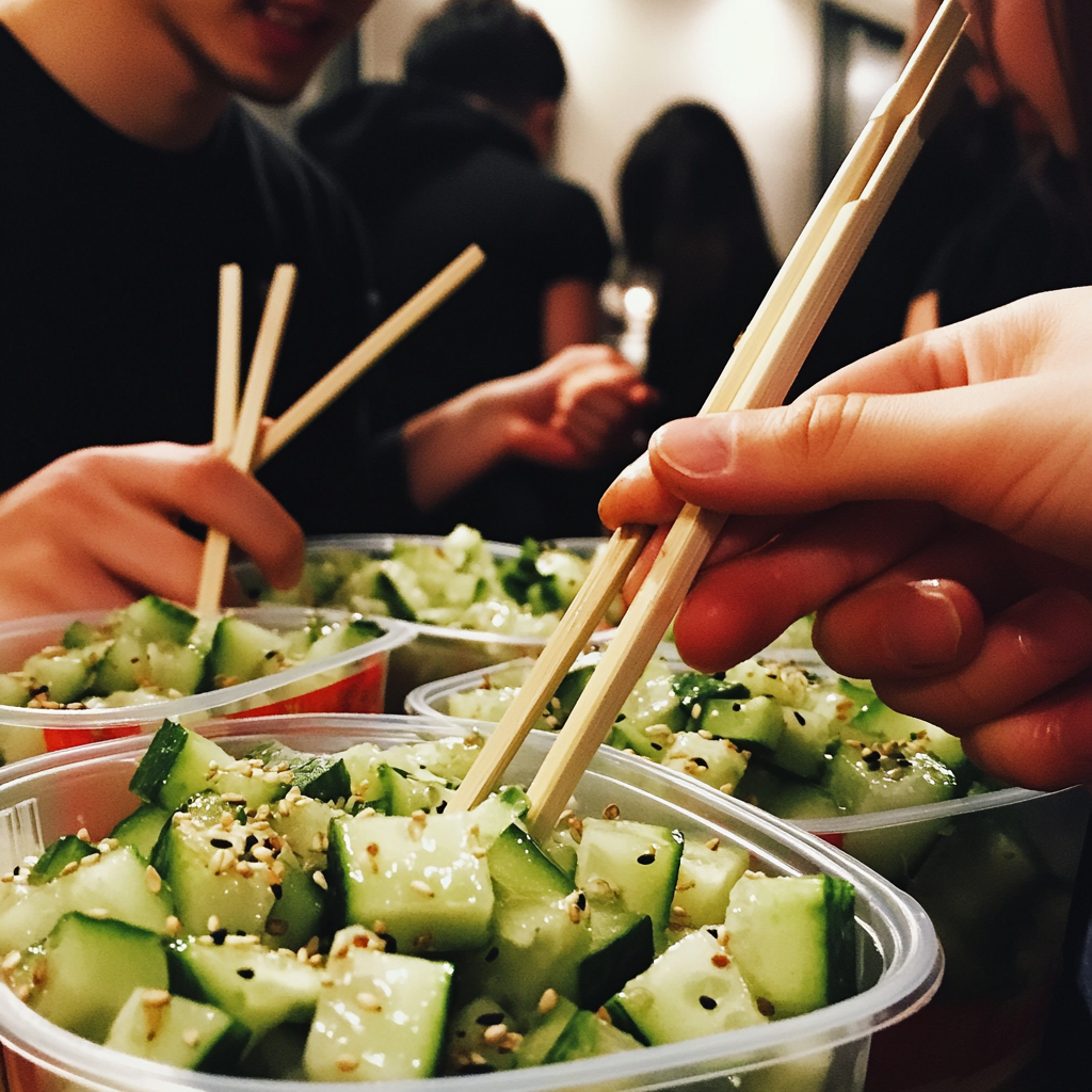 Gente comiendo ensalada de pepino con palillos | Fuente: Midjourney