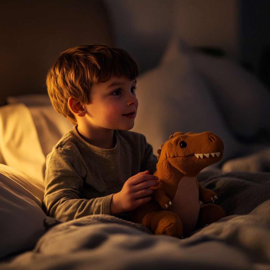 Un niño con un dinosaurio de peluche | Fuente: Midjourney