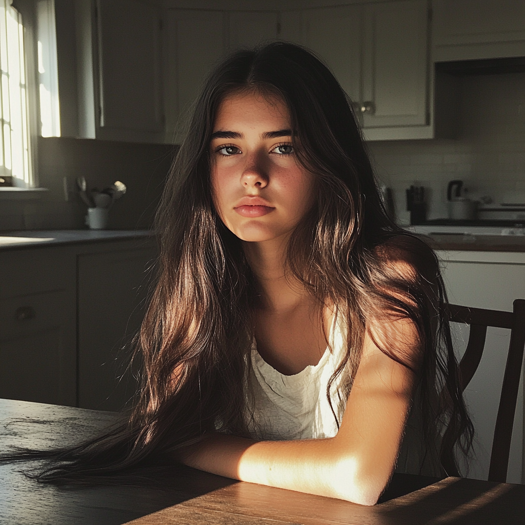 Una adolescente sentada a la mesa de la cocina | Fuente: Midjourney