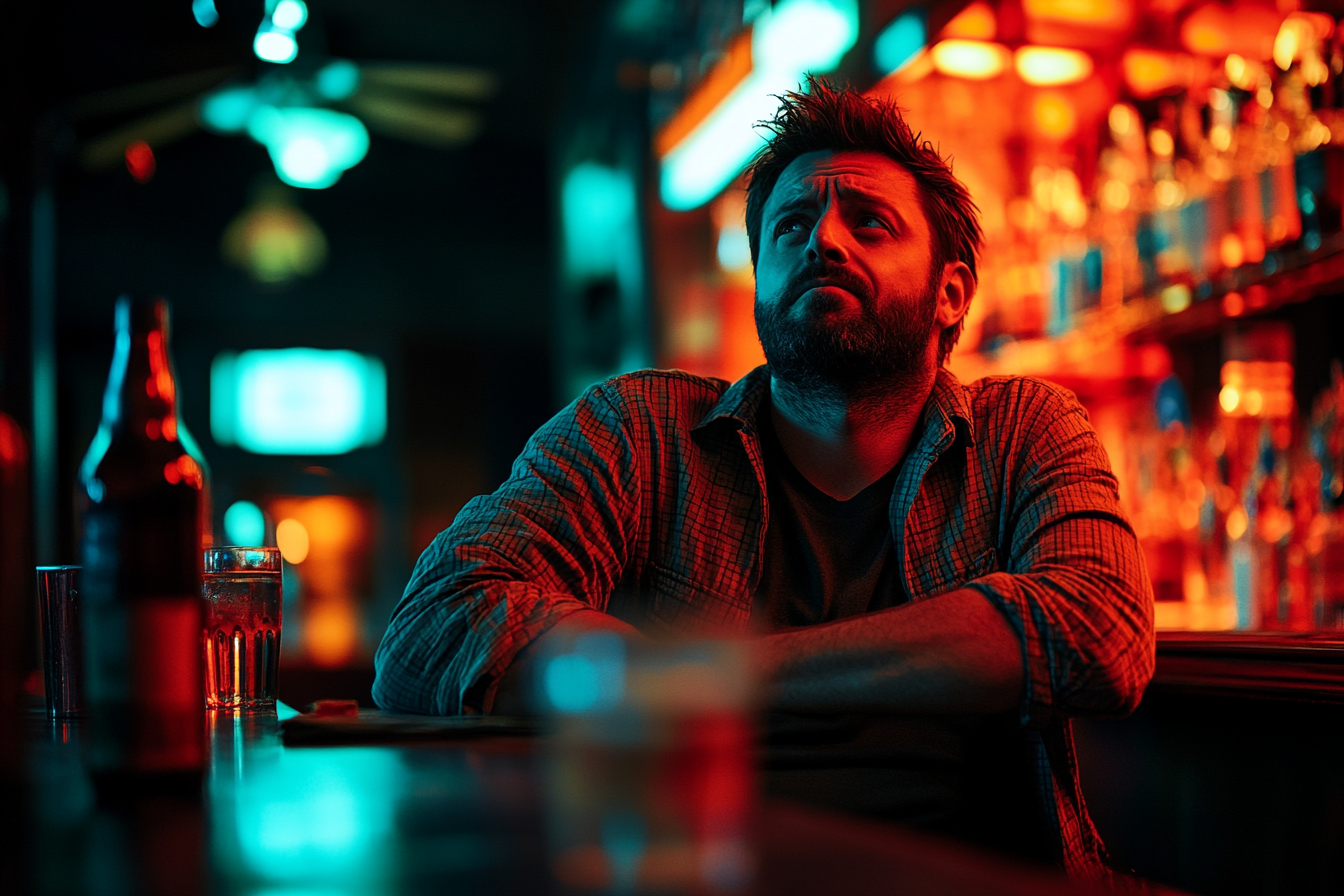 Hombre con mirada triste sentado en un bar | Fuente: Midjourney