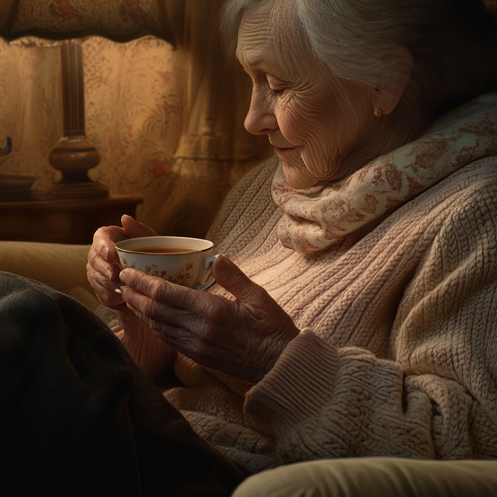 Una anciana triste con una taza de té en la mano | Fuente: Midjourney