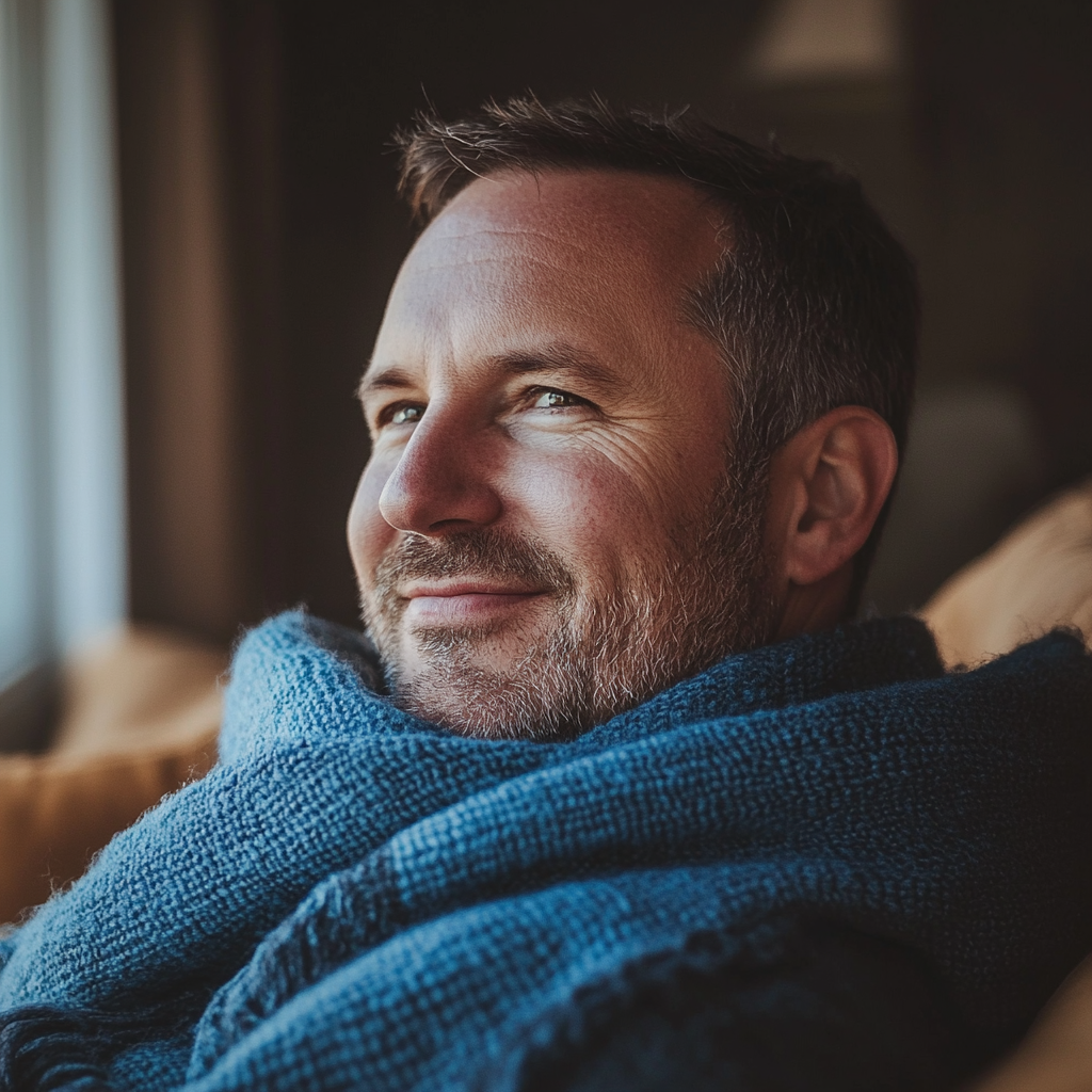 Un hombre sonriente en su salón | Fuente: Midjourney