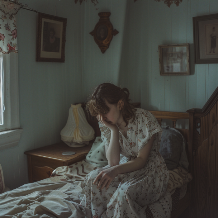 Una joven triste sentada sola en su habitación | Fuente: Midjourney