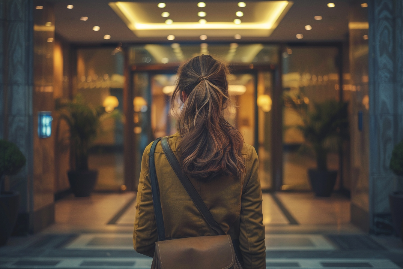 Una mujer entrando en un hotel | Fuente: Midjourney