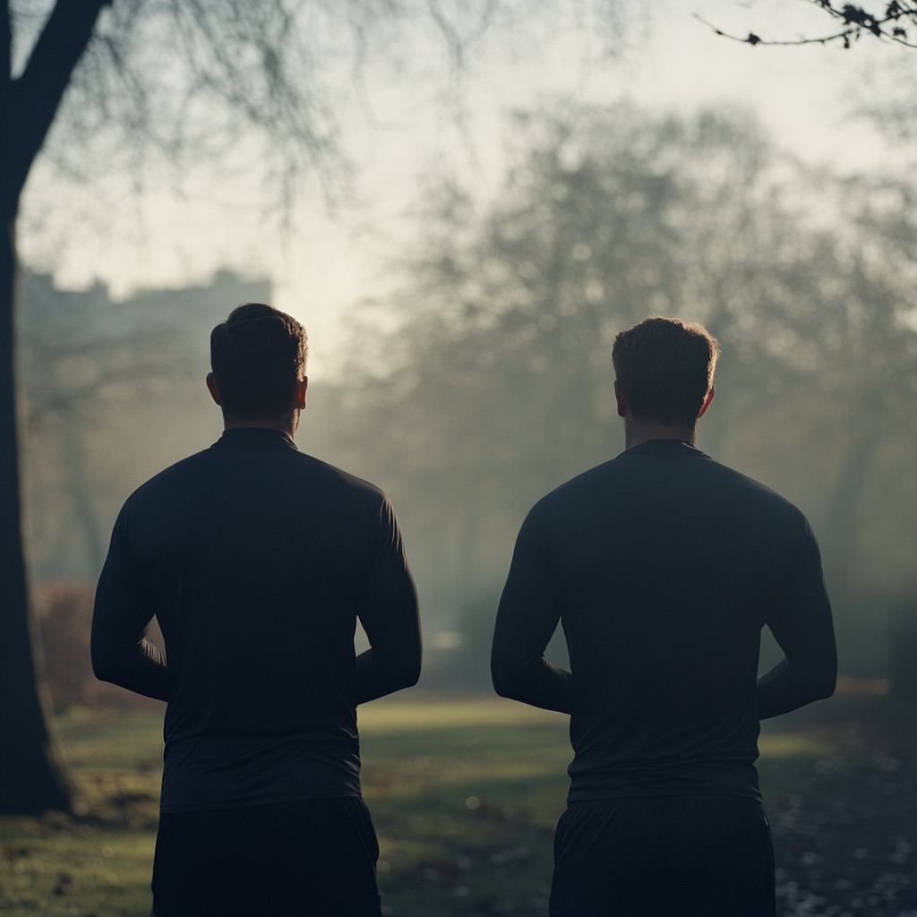 Dos hombres de pie en un parque | Fuente: Midjourney