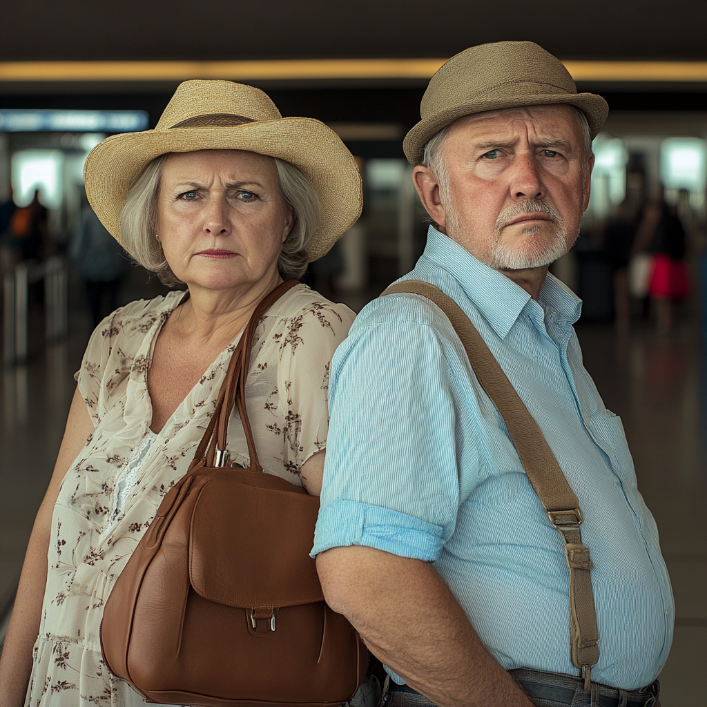 Una pareja decepcionada en un aeropuerto | Fuente: Midjourney