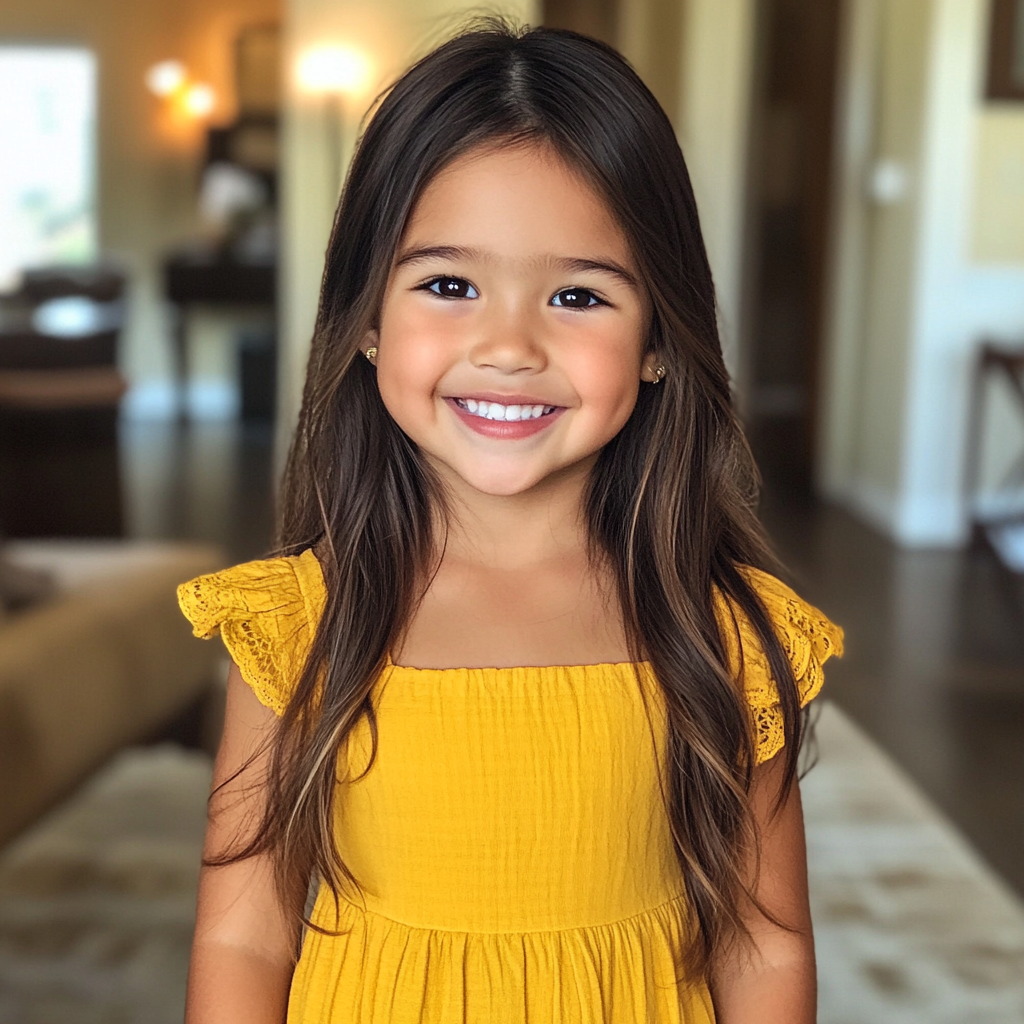 Una niña sonriente con un vestido amarillo | Fuente: Midjourney