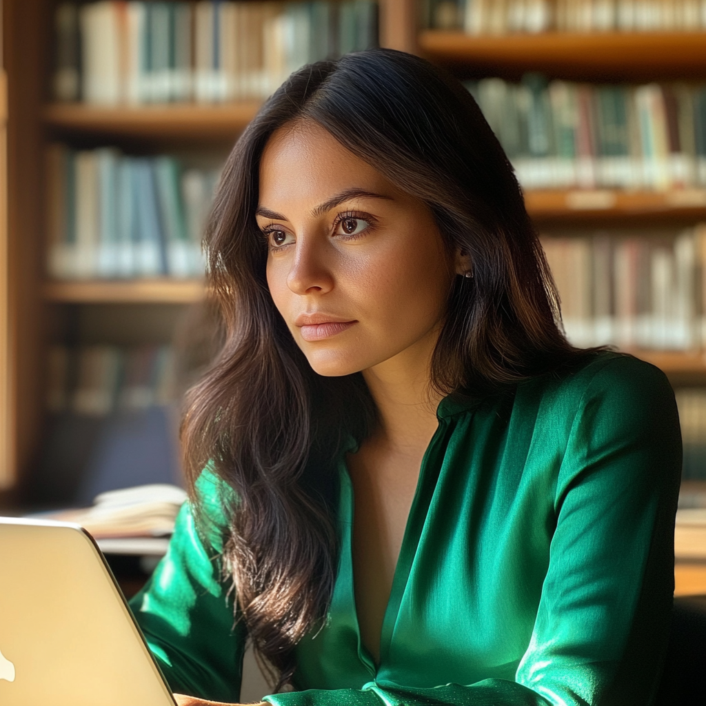 Una mujer sentada en una biblioteca | Fuente: Midjourney