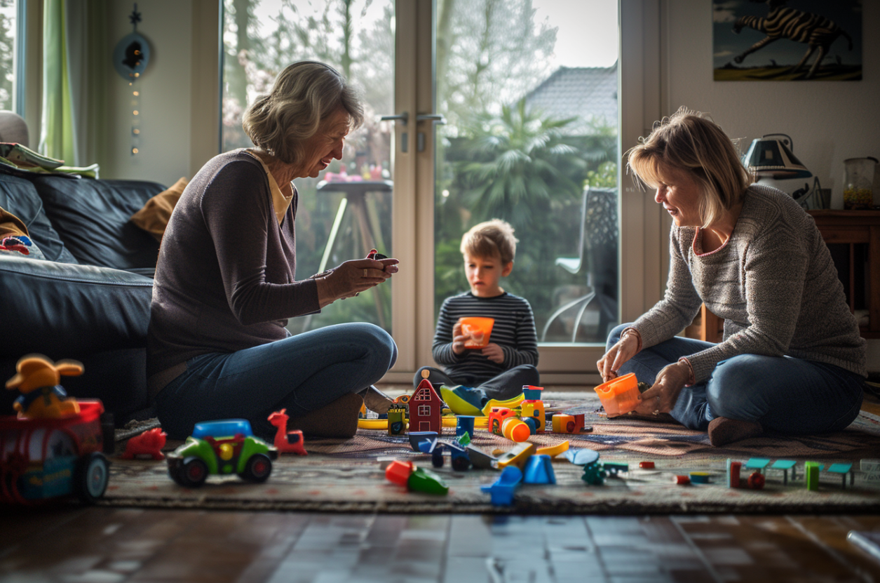 Dos mujeres jugando con un niño | Fuente: MidJourney