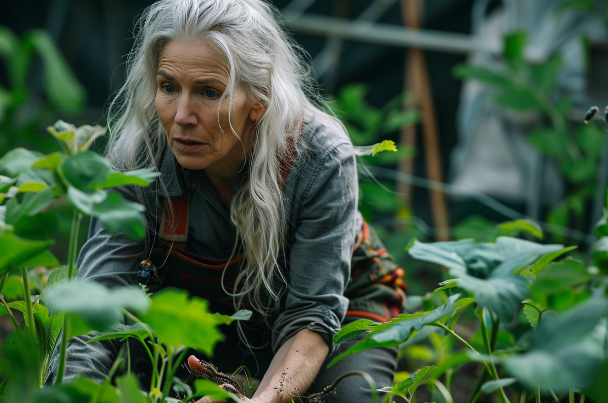 Una mujer examina estresada las plantas de su jardín | Fuente: Midjourney