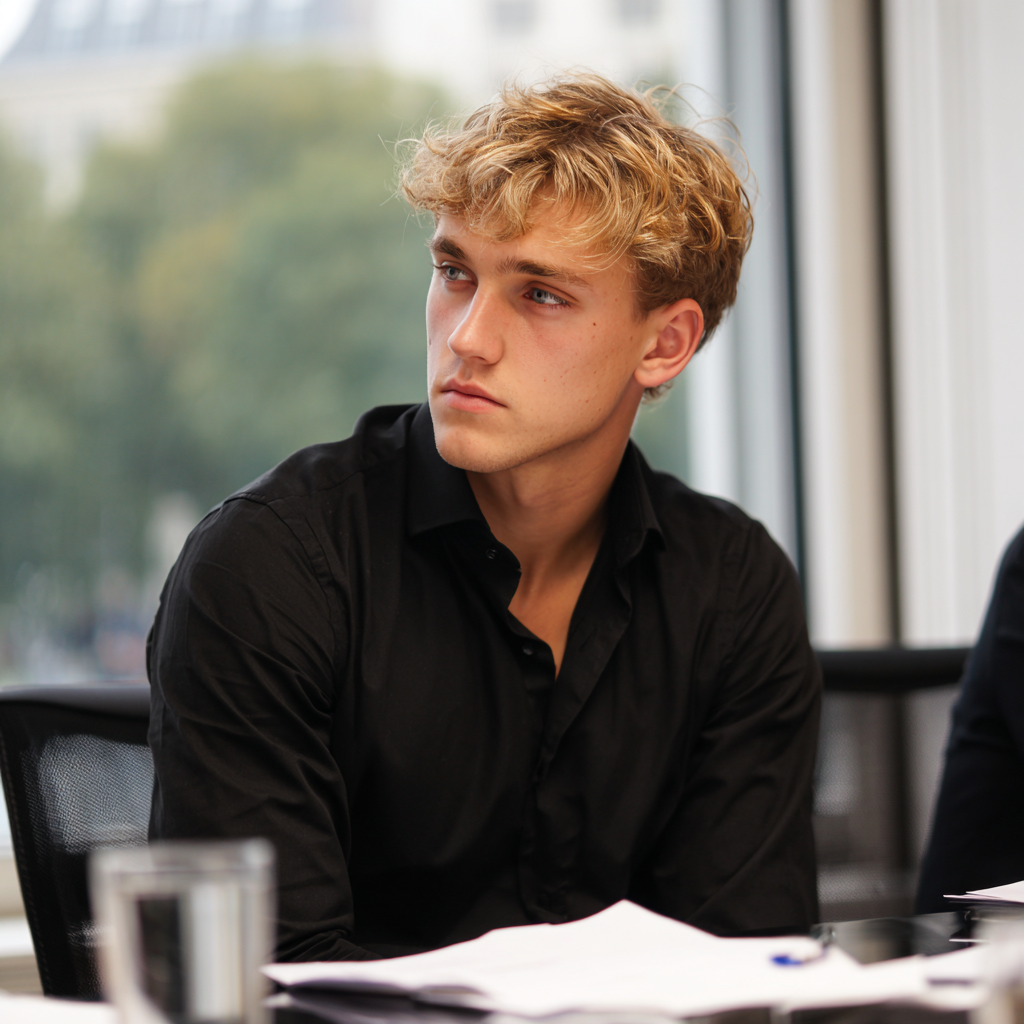 Un uomo seduto in una sala conferenze | Fonte: Midjourney