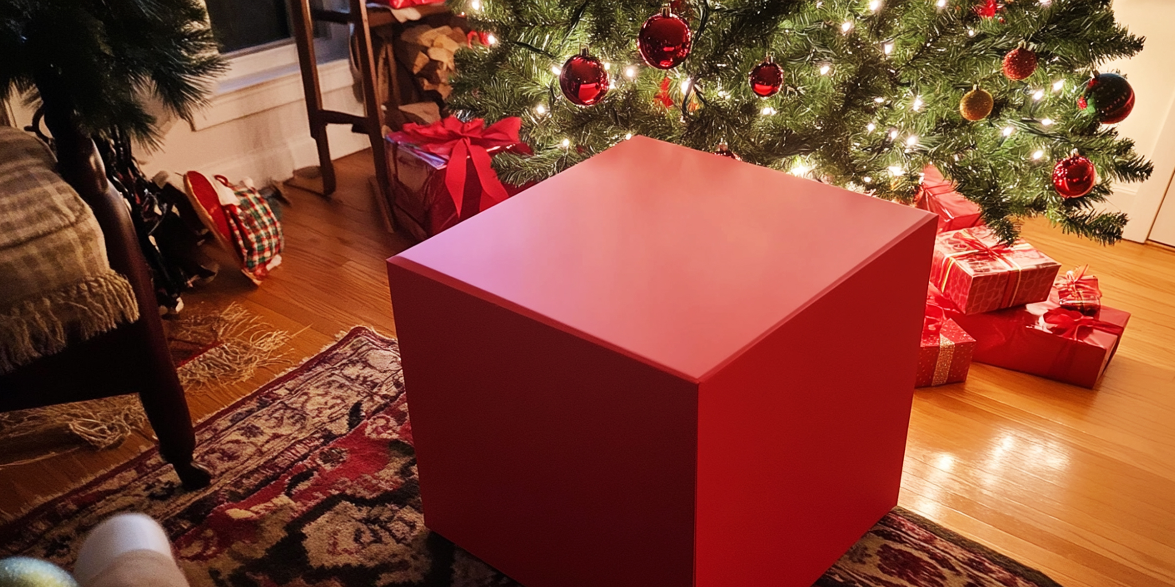 Caja de regalo roja junto a un árbol de Navidad | Fuente: AmoMama