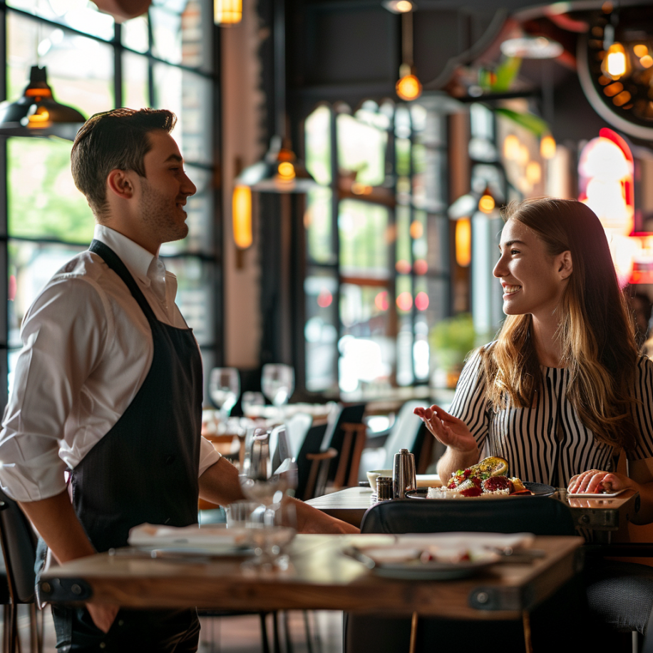 Una mujer hablando con un camarero en un restaurante | Fuente: Midjourney