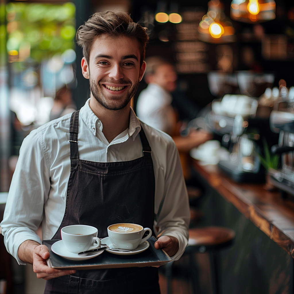 Un joven camarero sonriente con una bandeja | Fuente: Midjourney