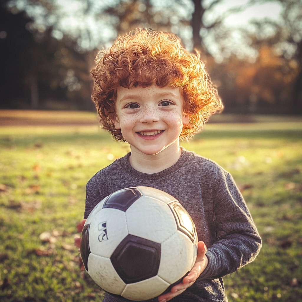 Un niño sujetando un balón de fútbol | Fuente: Midjourney