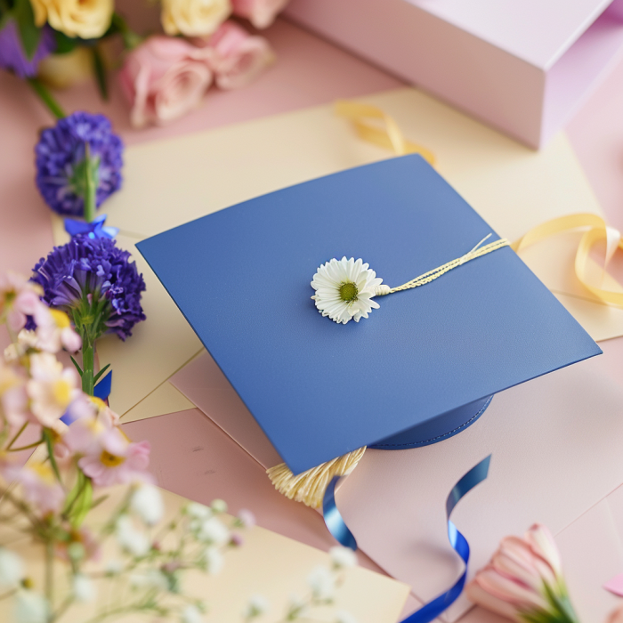 Un birrete de graduación azul, tarjetas y flores sobre una superficie lisa | Fuente: Midjourney
