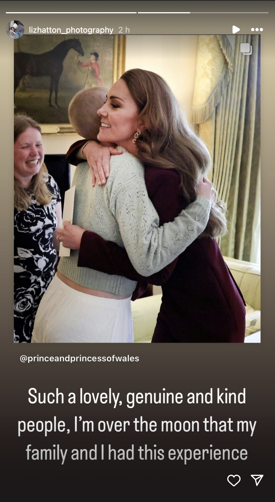 Liz Hatton habla tras su encuentro con la princesa Catherine Middleton y el príncipe William en sus historias de Instagram el 2 de octubre de 2024 | Fuente: Instagram.com/stories/lizhatton_photography/