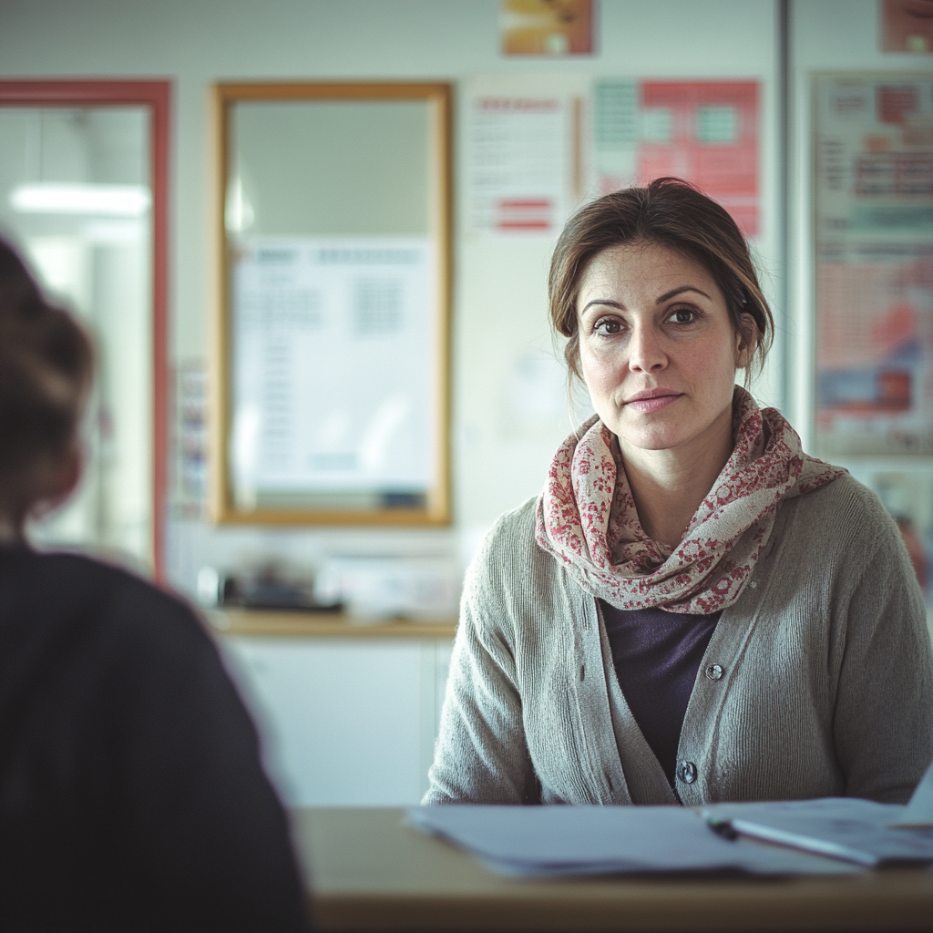 Una secretaria de escuela hablando con un profesor preocupado | Fuente: Midjourney