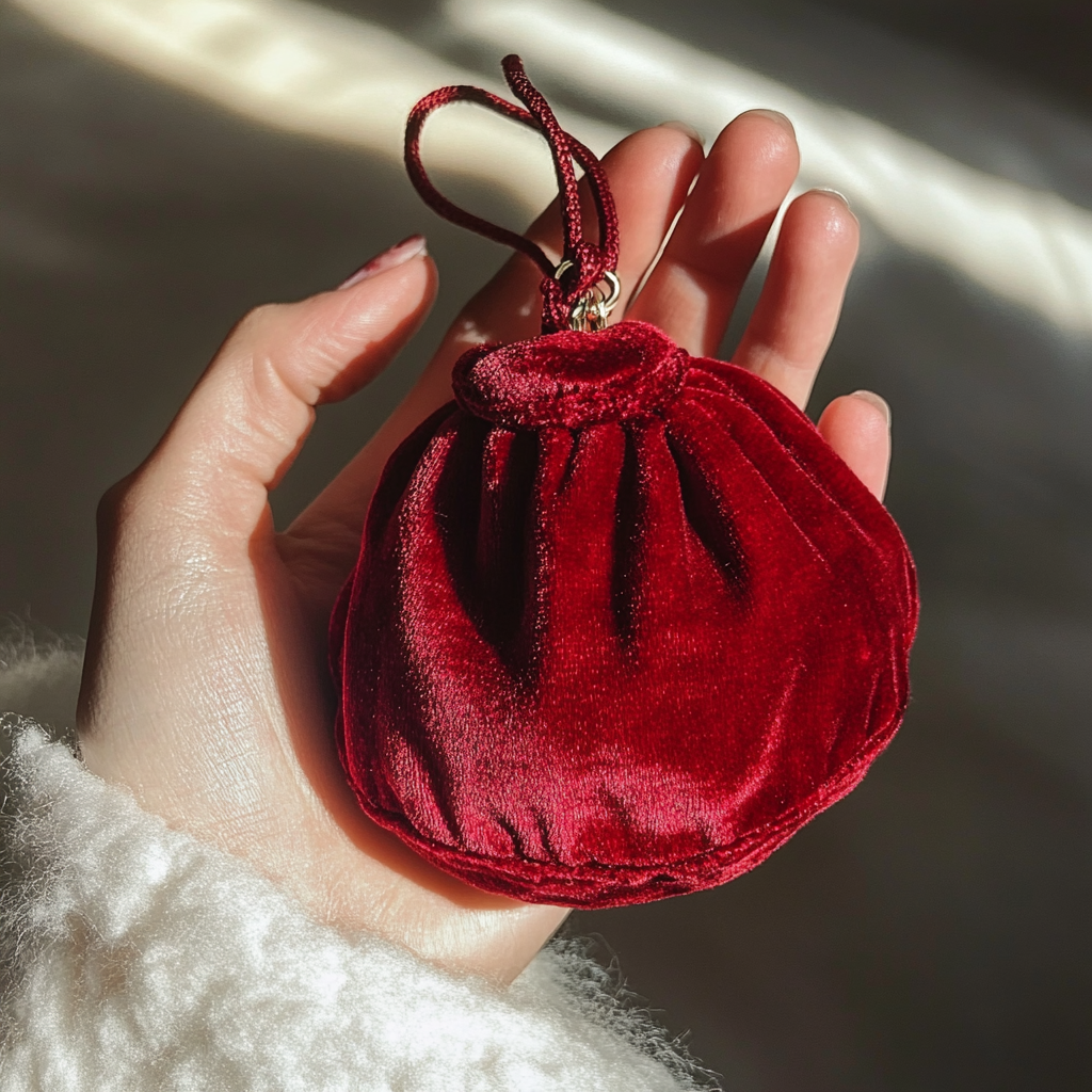 Una mujer con una bolsa de terciopelo rojo | Fuente: Midjourney