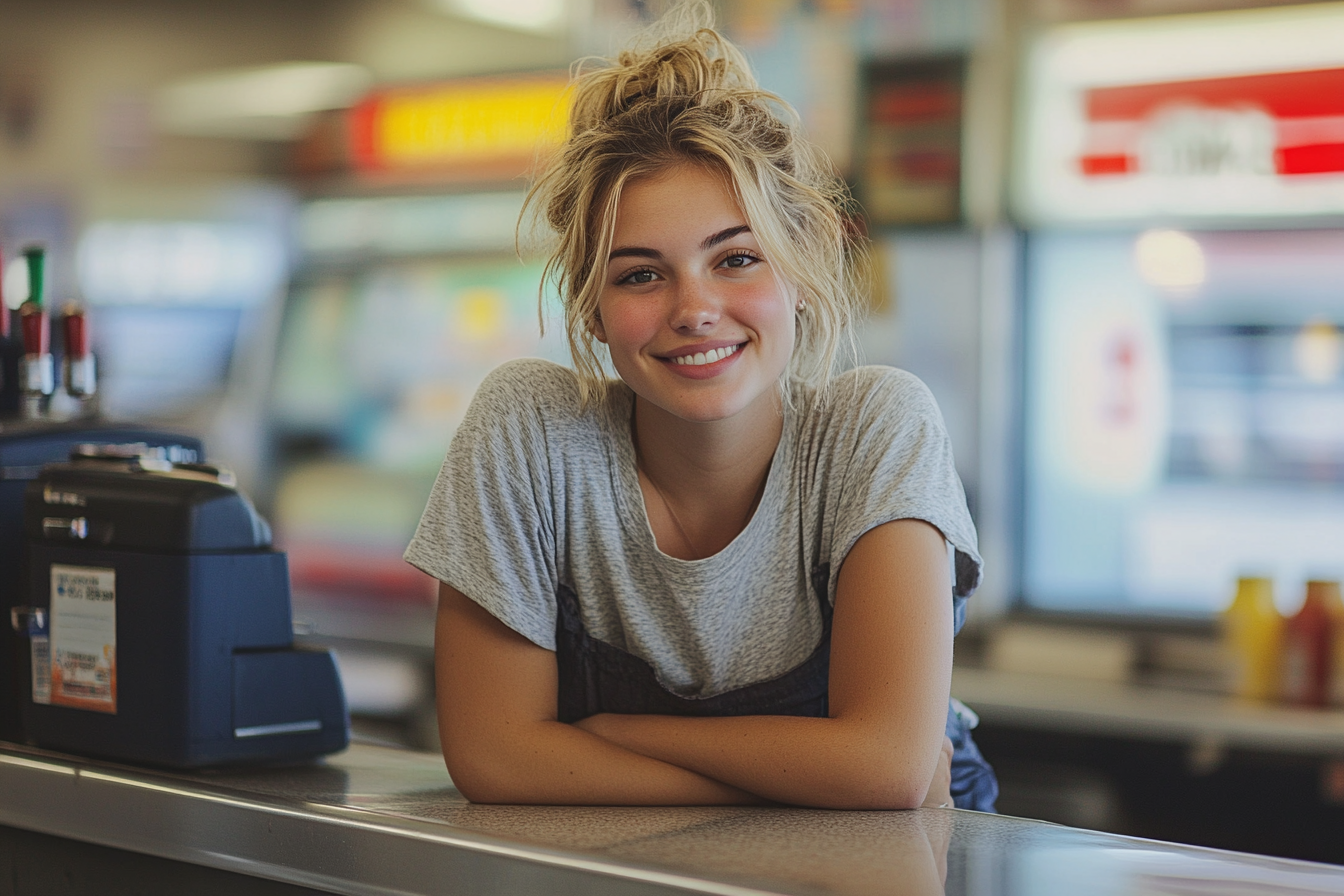 Una cajera de gasolinera sonriente | Fuente: Midjourney