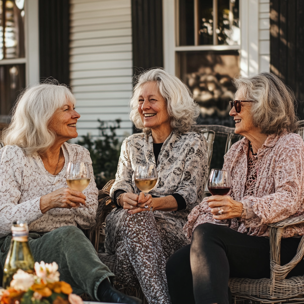 Un grupo de mujeres sentadas al aire libre bebiendo vino | Fuente: Midjourney