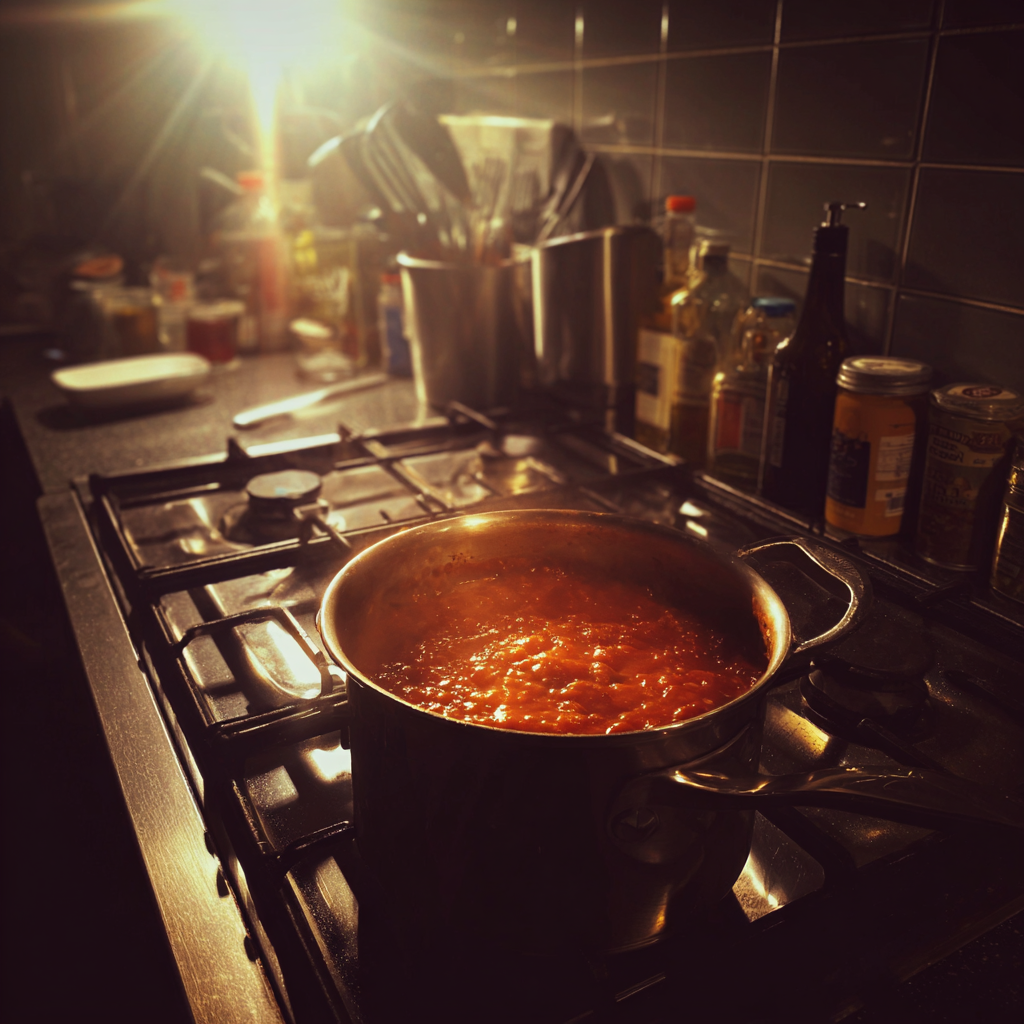 Una olla de salsa para pasta sobre un hornillo | Fuente: Midjourney