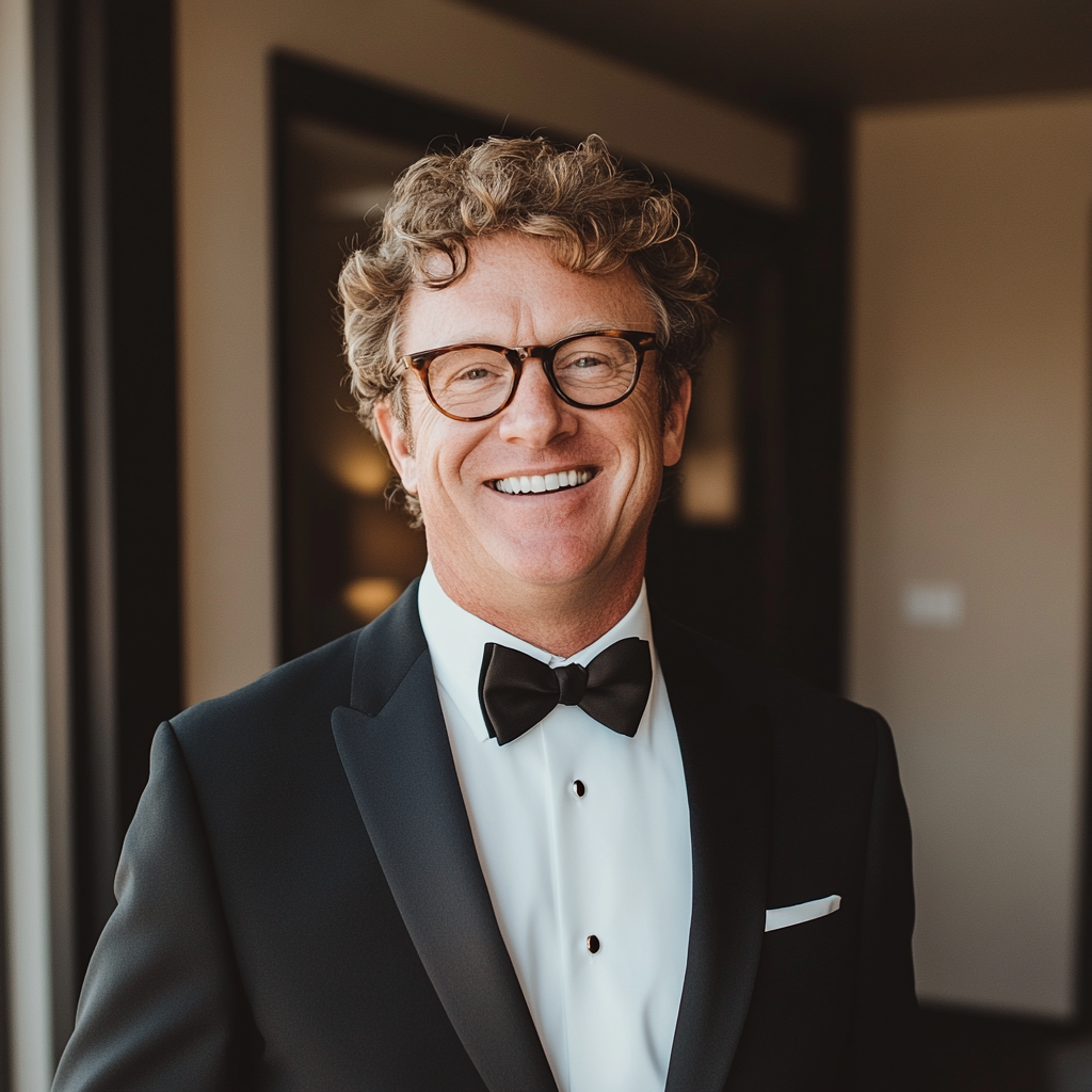 Un hombre sonriente vestido de esmoquin | Fuente: Midjourney