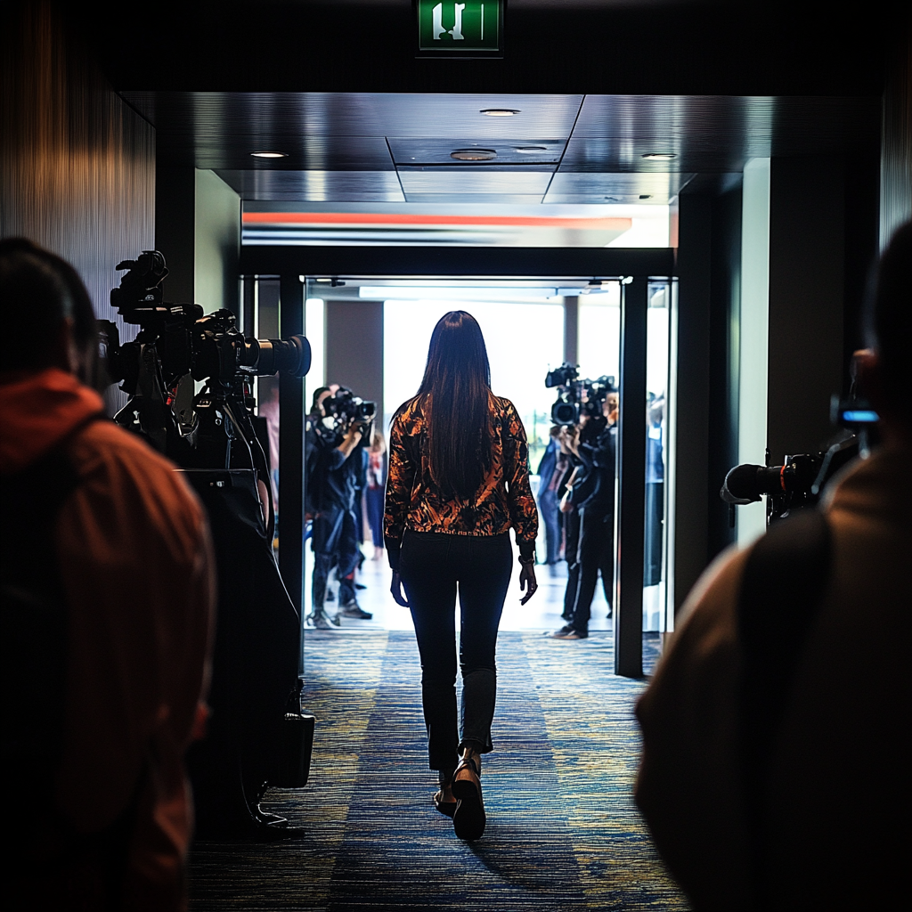 Una mujer saliendo de una rueda de prensa | Fuente: Midjourney