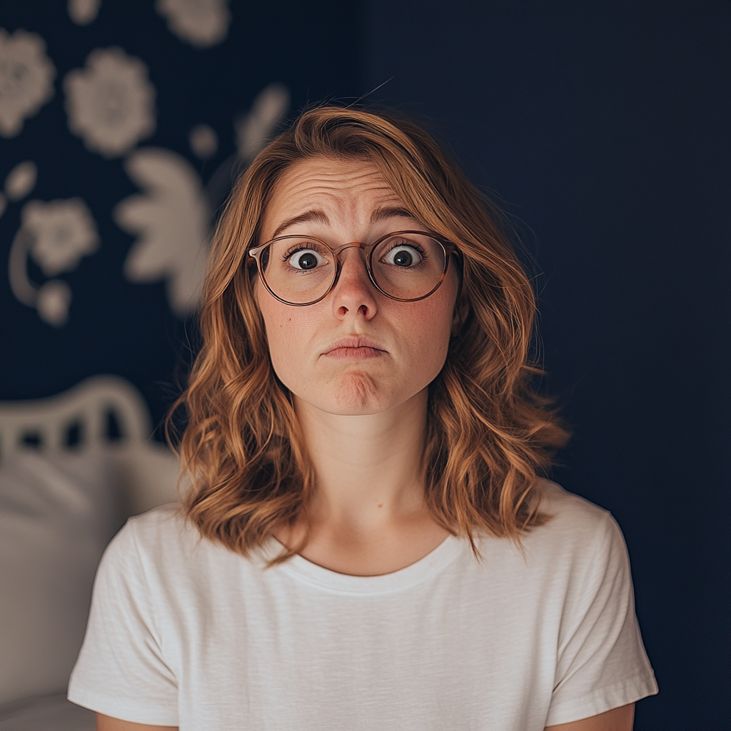 Una mujer alarmada en un dormitorio | Fuente: Midjourney