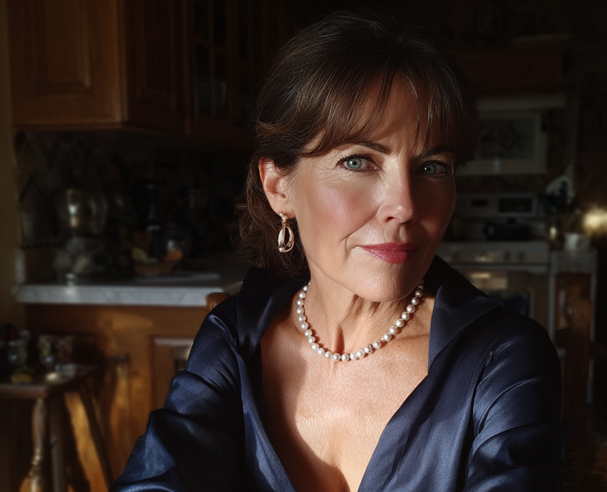 Una donna anziana e compiaciuta che indossa una collana di perle | Fonte: Midjourney