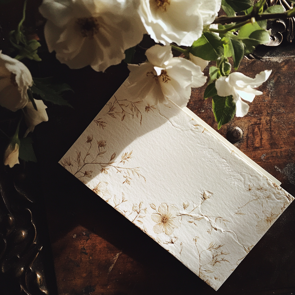 Una invitación de boda sobre una mesa | Fuente: Midjourney
