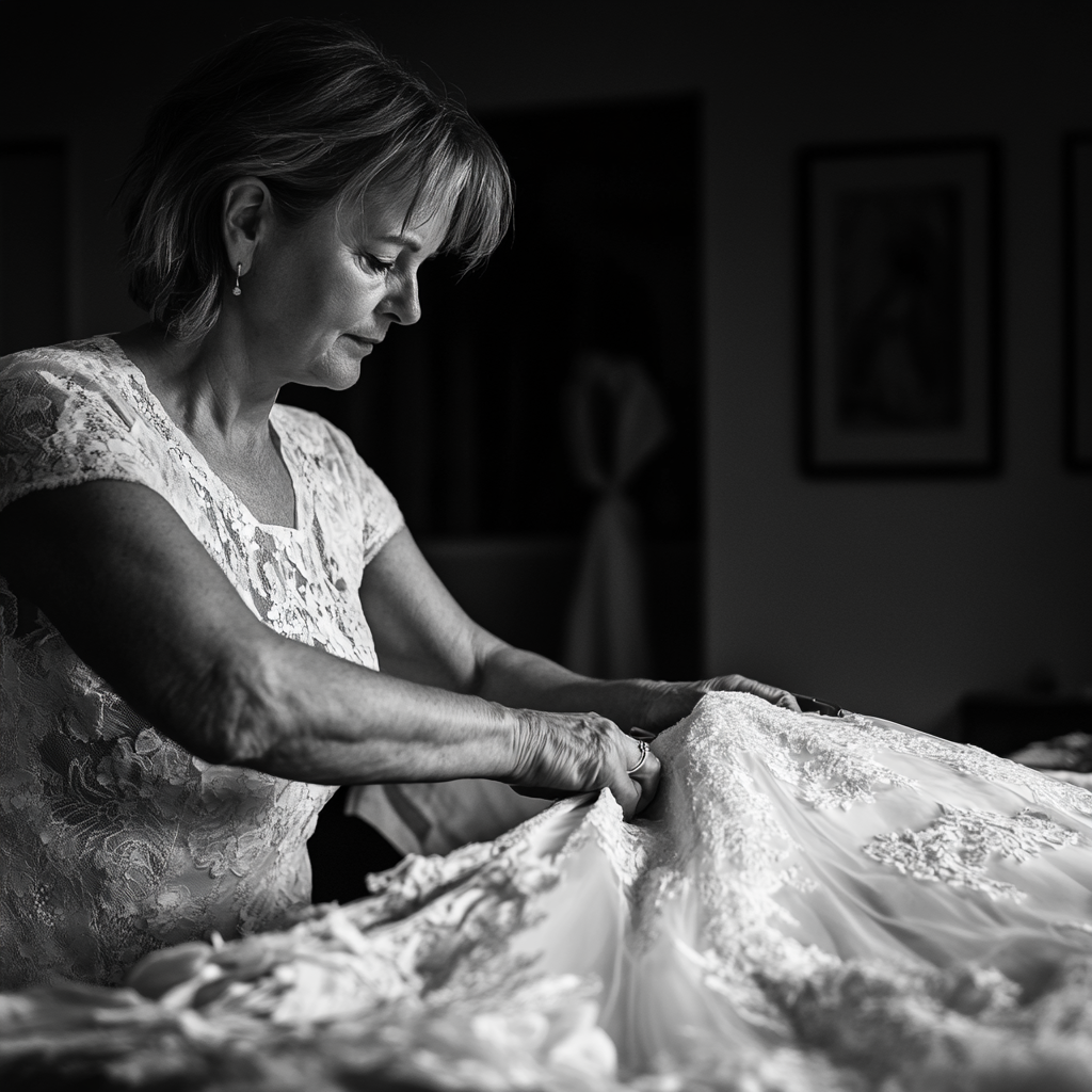 Una mujer de mediana edad cortando un vestido de novia | Fuente: Midjourney