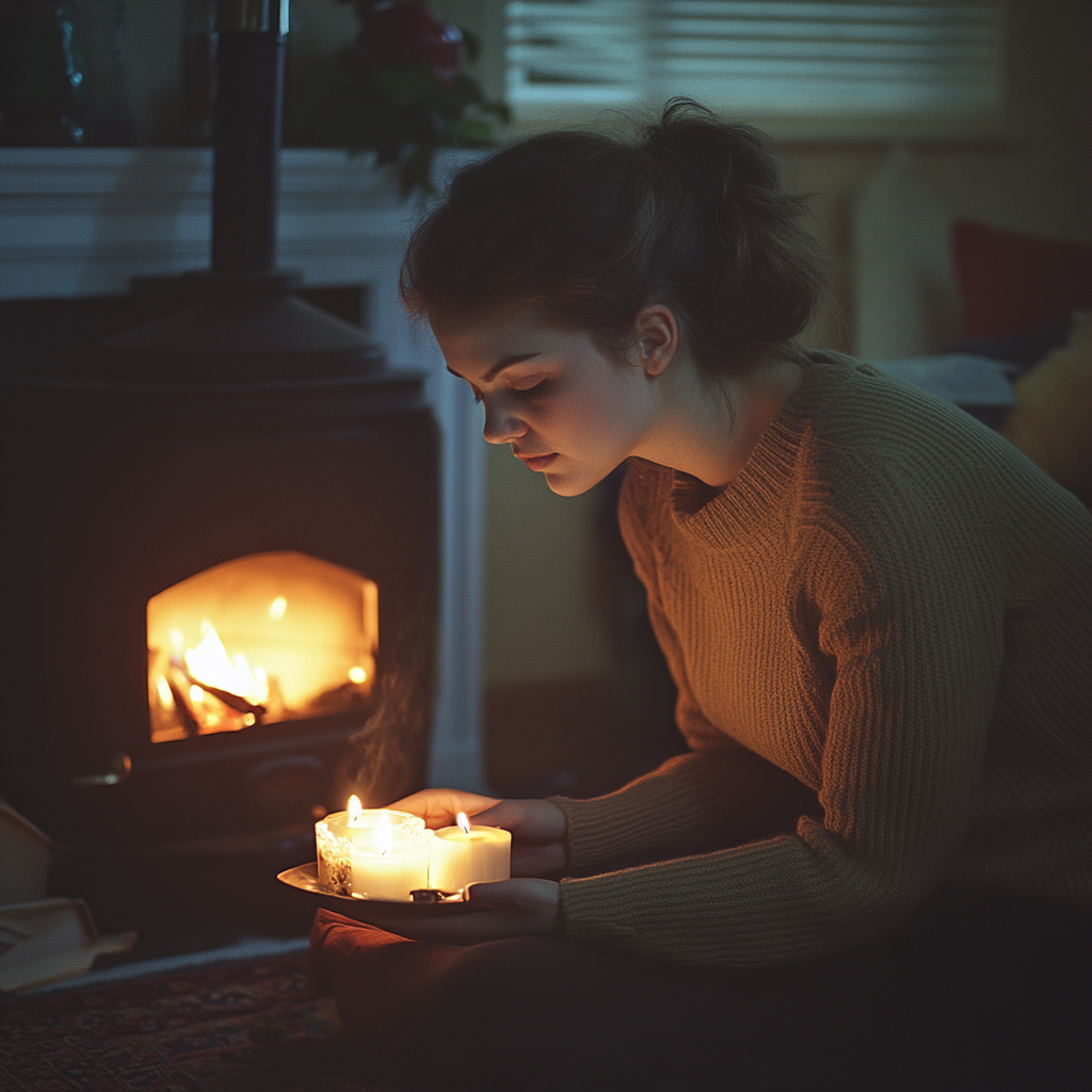 Una mujer encendiendo velas en su casa | Fuente: Midjourney