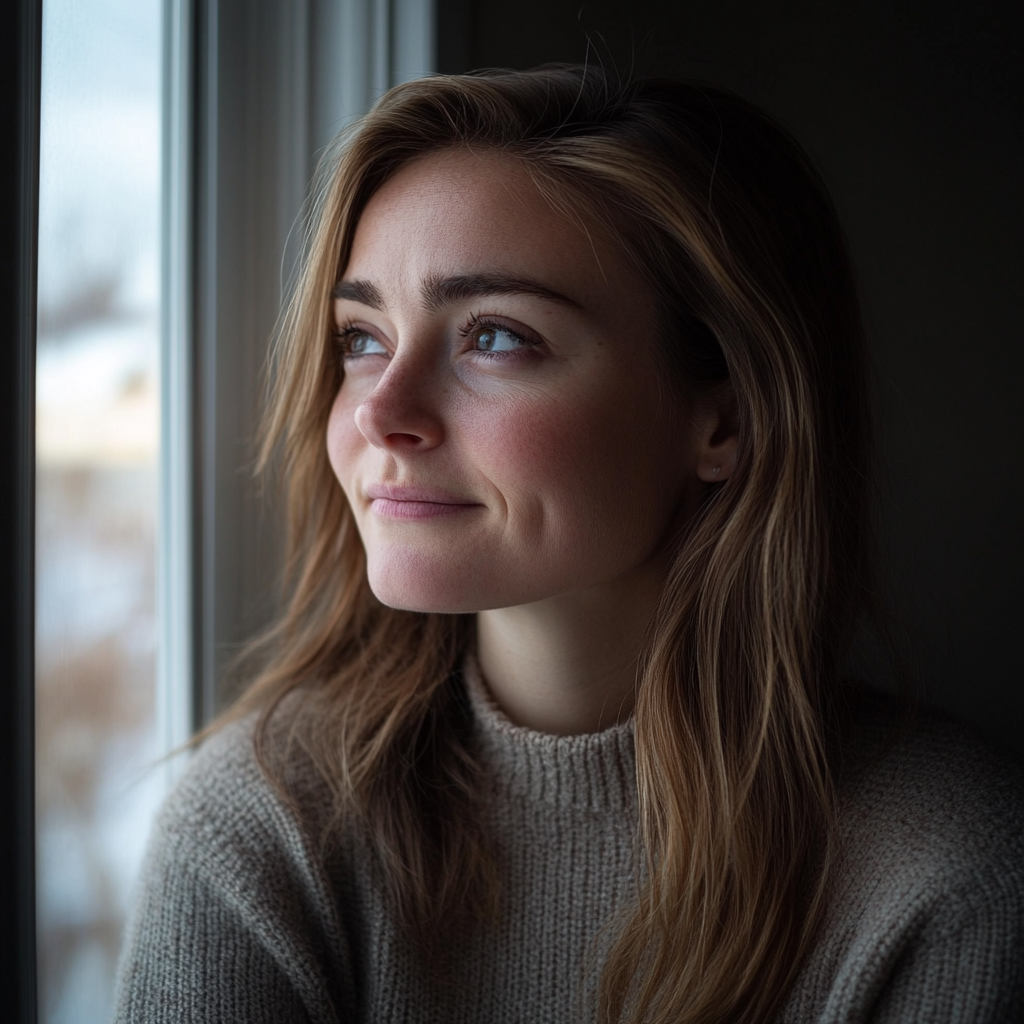 Una mujer pensativa mirando por la ventana de su habitación | Fuente: Midjourney