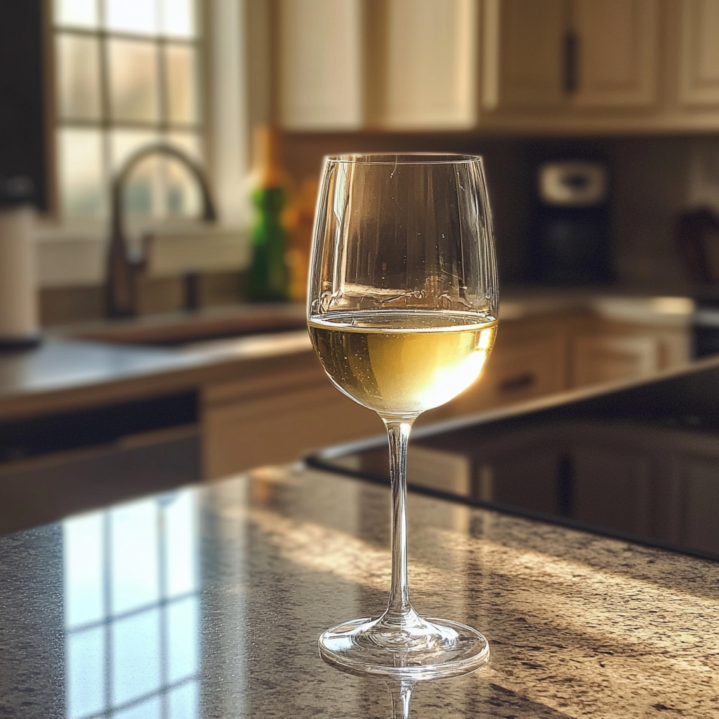 Un vaso de vino en la encimera de la cocina | Fuente: Midjourney