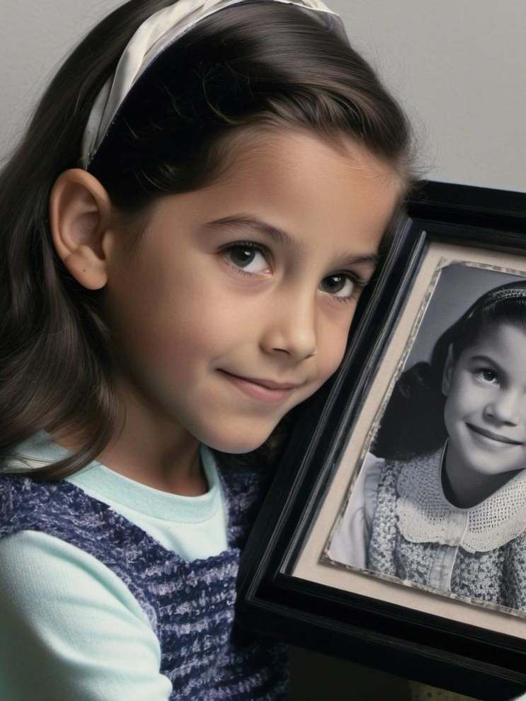 Una niña sosteniendo una fotografía enmarcada | Fuente: Midjourney